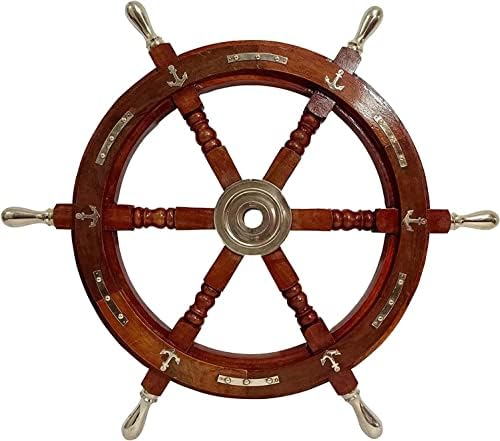 גלגל הספינה של פיראטים היגוי קיר קיר עיצוב גלגל ספינה עם טבעת פליז משובץ ומרכז מרכז | פריטי אספנות